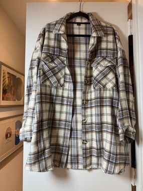 SHEIN Plaid Button-Front Shacket Jacket - Cream & Brown